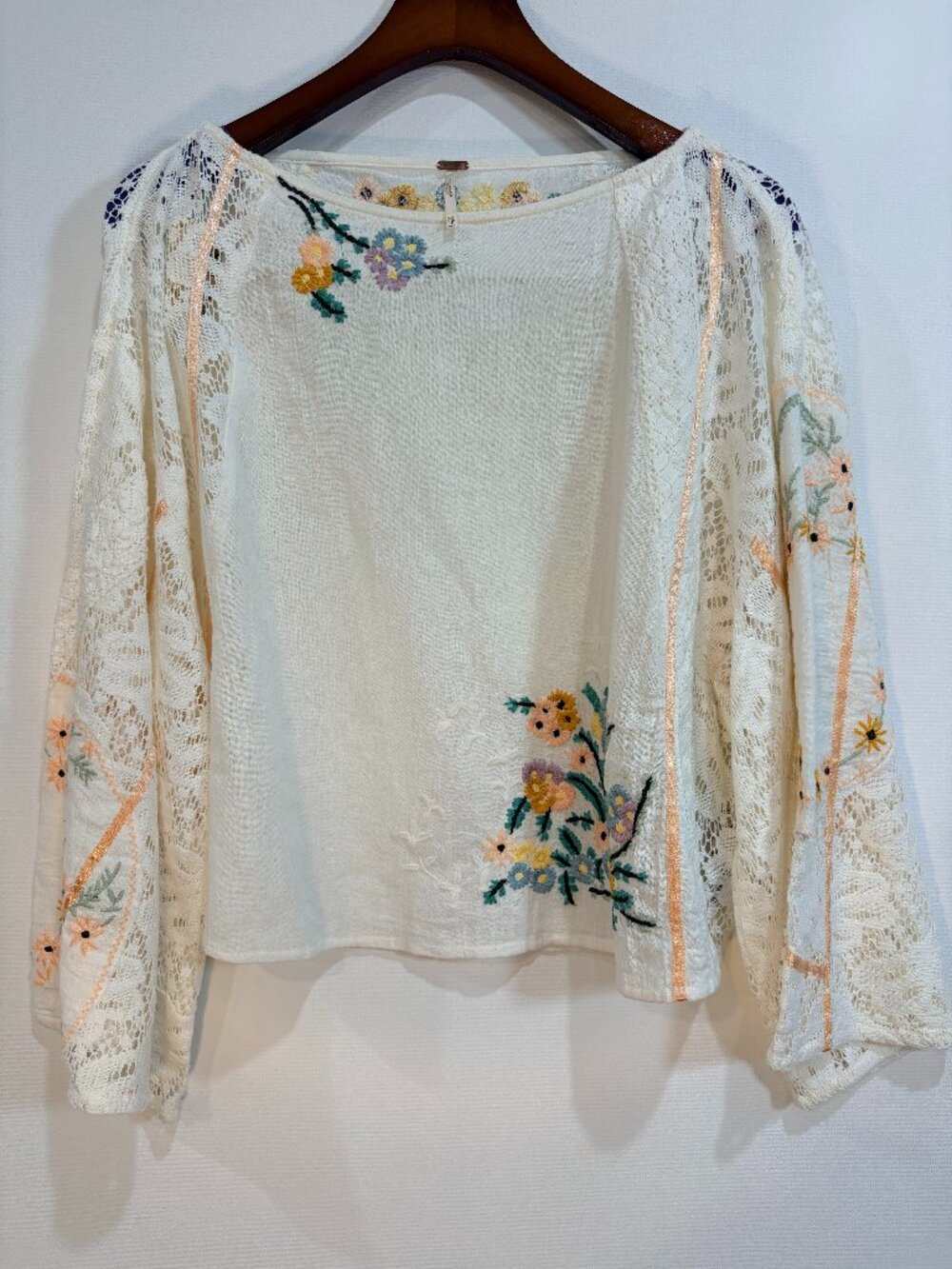 Free People XS Embroidered Linen Lace Bell Sleeve Boho Blouse Ivory Floral Top